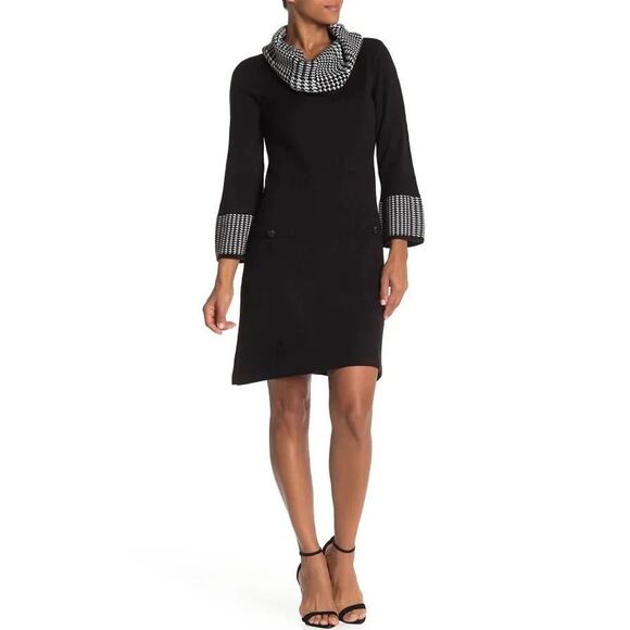 Eliza J Cowl Neck Sweater Dress Black Houndstooth Sz Large Black Cocktail Party - Picture 1 of 15
